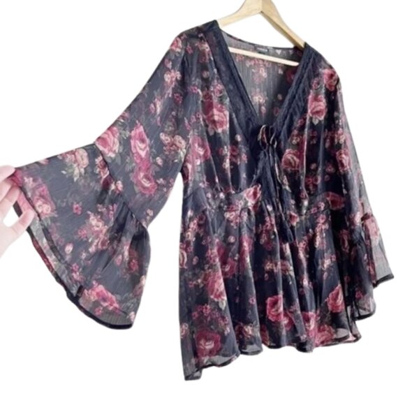 Black Torrid Chiffon Blouse Sheer Babydoll Lurex Crochet Boho Red Floral… - Picture 10 of 11